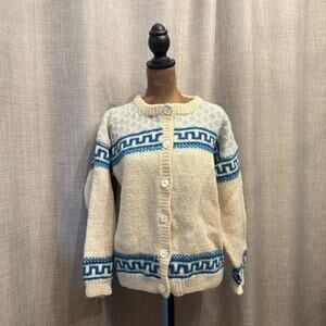 Vintage Handmade Icelandic Knit Cardigan Sweater Faire Isle design M Wool